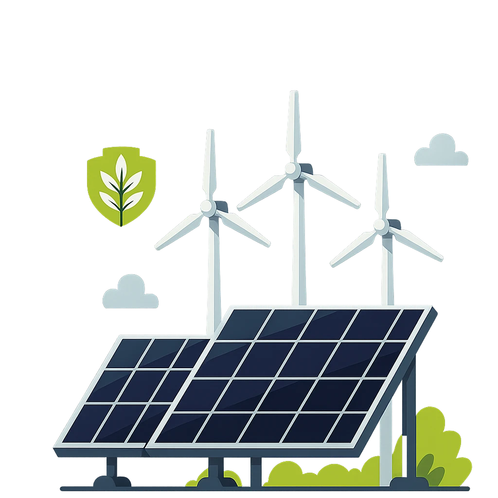 Illustration einer Photovoltaikanlage vor drei Windrädern, daneben ein grünes Schild mit Blattsymbol